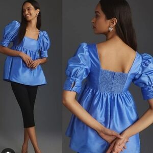 Hutch Puff Sleeve Square Neck Blue Tunic Top Size L Textured Baby Doll Shiny